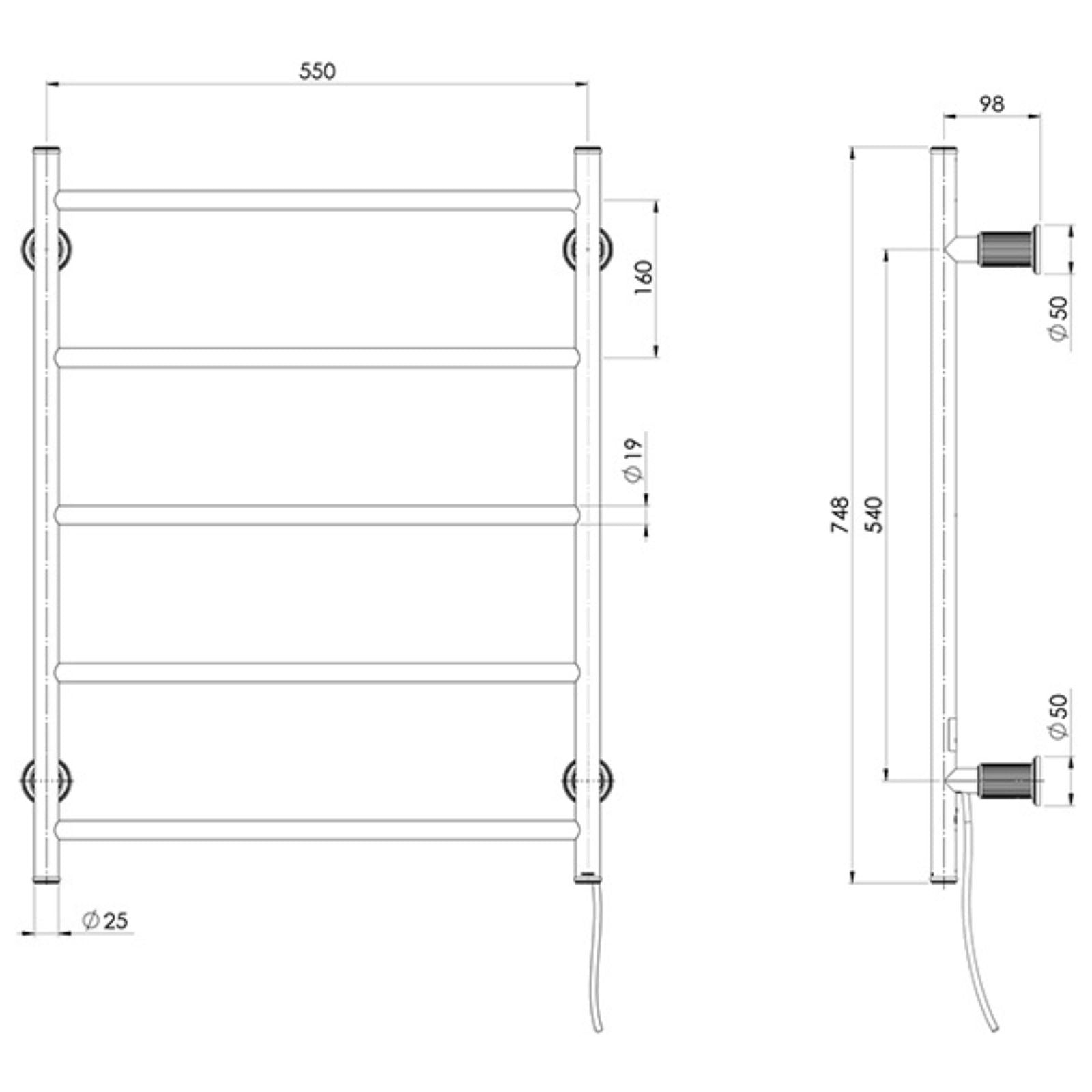Technical Drawing Phoenix Wiltern Heated Towel Ladder 550mm x 750mm Brushed Carbon 144-8750-31 - The Blue Space
