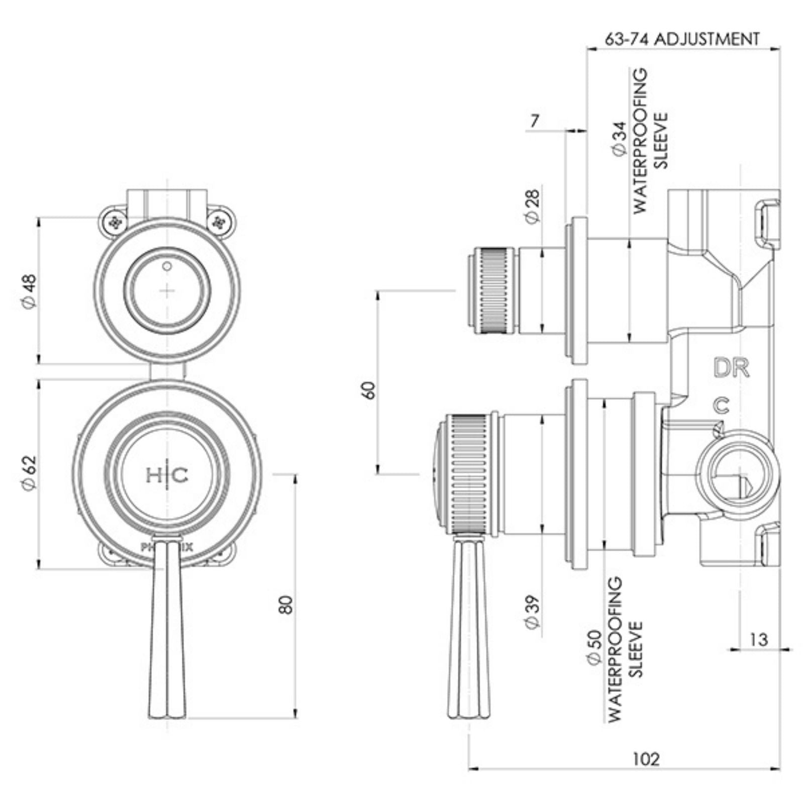 Technical Drawing Phoenix Wiltern SwitchMix Shower / Bath Diverter Mixer (Fit-Off Kit Only) - Brushed Gold 144-2940-12-1 - The Blue Space