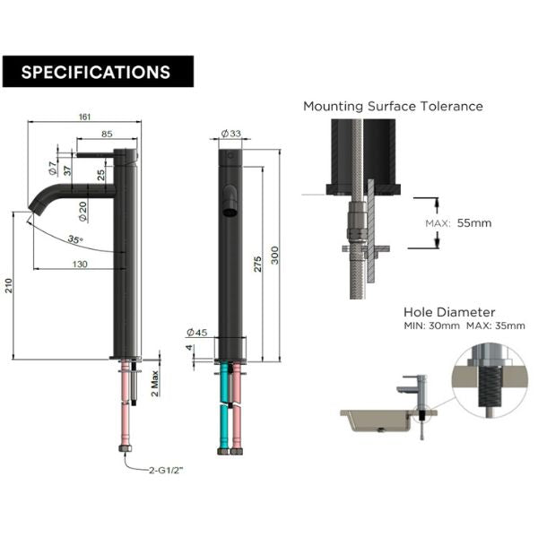 Technical Specifications: Meir Piccola Tall Basin Mixer  MB03XL.01