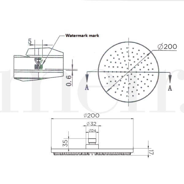 Meir Round Rain Shower Head 300mm Technical Drawing  - The Blue Space 