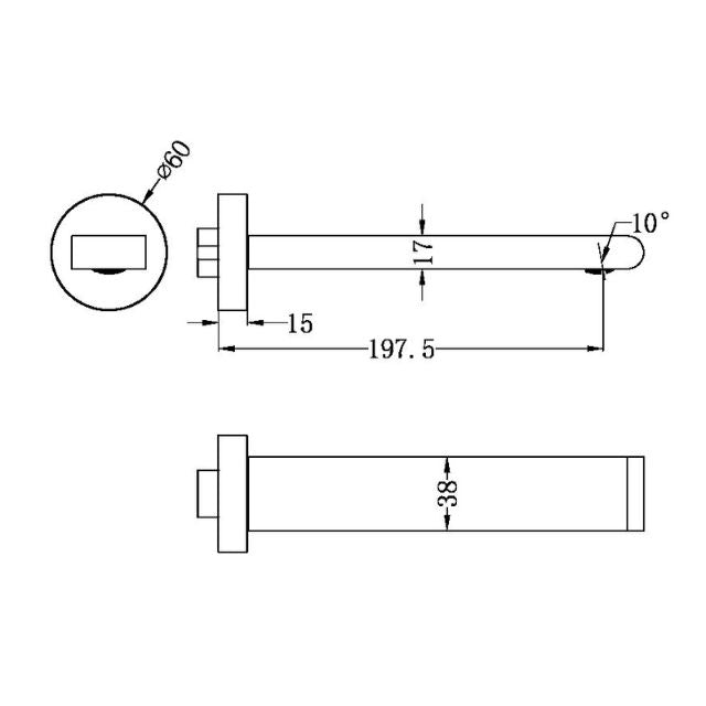 Technical Drawing Nero Bianca Fixed Basin/Bath Spout Only 200mm Brushed Nickel NR321503BN - The Blue Space