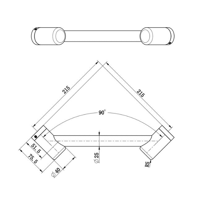 Technical Drawing Nero Mecca Care 25mm Footrest Corner Grab Rail 215mm Brushed Nickel NRCR2508WBN - The Blue Space