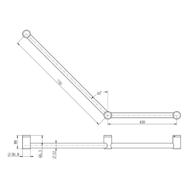 Nero Mecca Care 32mm Ambulant Toilet Grab Rail 45 Degree 750x450mm Brushed Nickel
