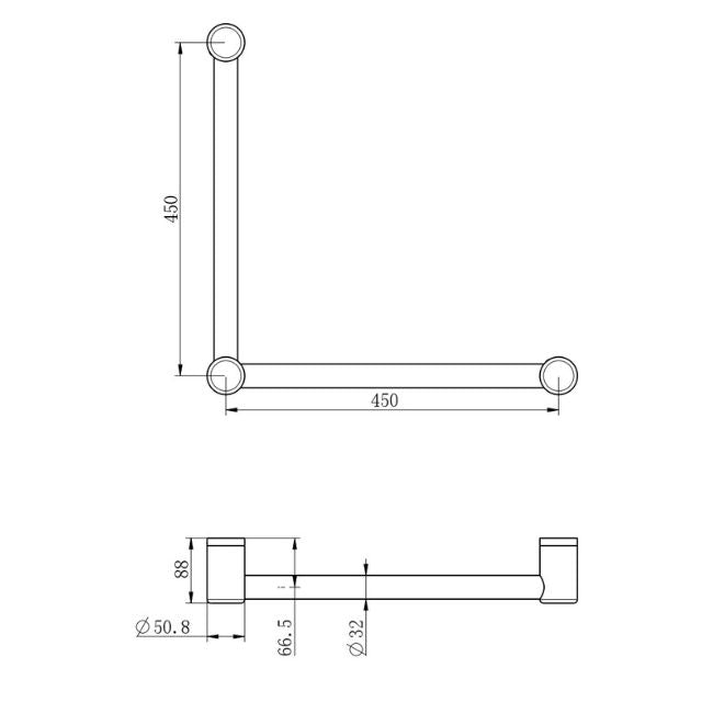 Nero Mecca Care 32mm Ambulant Toilet Grab Rail 90 Degree 450x450mm Brushed Nickel