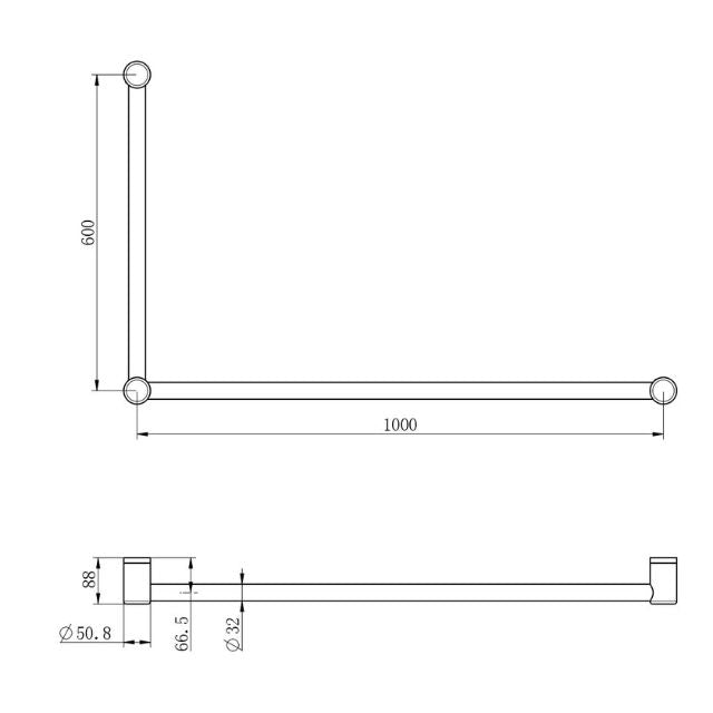 Nero Mecca Care 32mm DDA Grab Rail Set 90 Degree 600x1000mm Brushed Nickel
