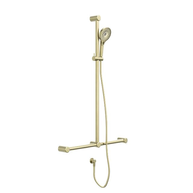 Nero Mecca Care 32mm T Bar Grab Rail and Adjustable Shower Set 1100x750mm Brushed Gold