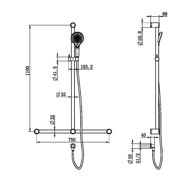 Nero Mecca Care 32mm T Bar Grab Rail and Adjustable Shower Set 1100x750mm Brushed Nickel