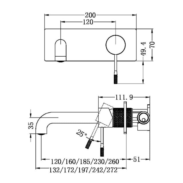 Nero Opal Wall Basin/Bath Mixer 120mm Graphite