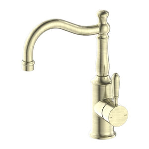 Nero York Basin Mixer Hook Spout With Metal Lever Aged Brass
