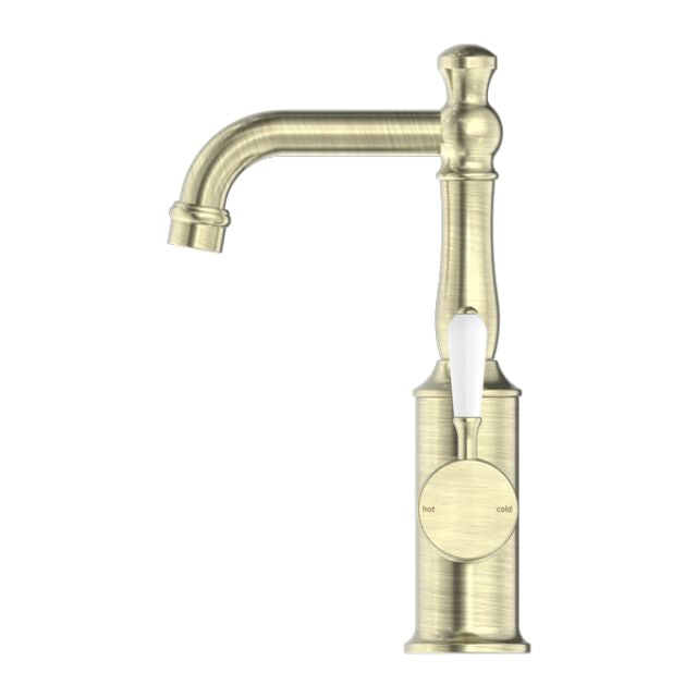 Nero York Basin Mixer With White Porcelain Lever Aged Brass
