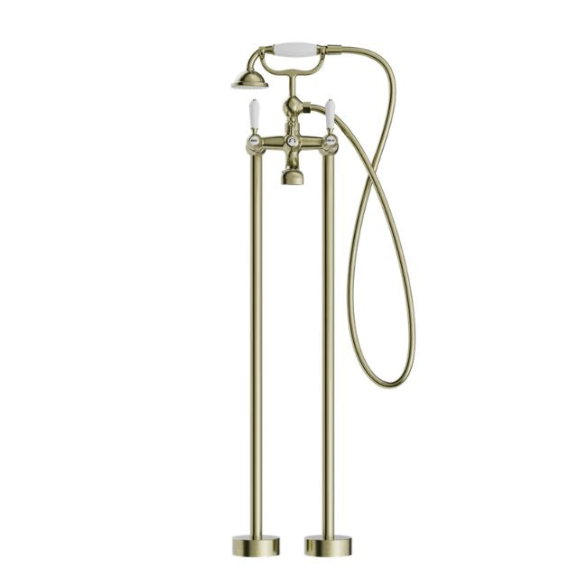Nero York Freestanding Bath Set With White Porcelain Hand Shower Aged Brass