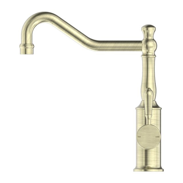 Nero York Kitchen Mixer Hook Spout With Metal Lever Aged Brass