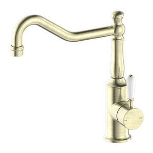 Nero York Kitchen Mixer Hook Spout With White Porcelain Lever Aged Brass