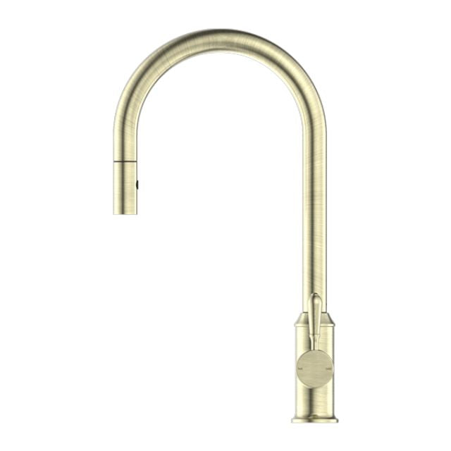 Nero York Pull Out Sink Mixer with Vegie Spray Function with Metal Lever Aged Brass
