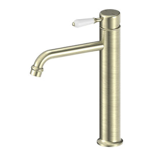 Nero York Straight Tall Basin Mixer With White Porcelain Lever Aged Brass