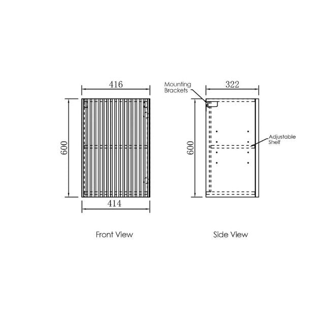 Technical Drawing 416mm Fluted Wall Cabinet  For Otti Marlo 1715mm Fluted Laundry Set C - Black - The Blue Space