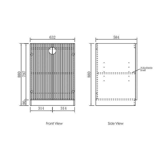 Technical Drawing 632mm Fluted Floor Standing Cabinet  For Otti Marlo 1715mm Fluted Laundry Set C - Black - The Blue Space