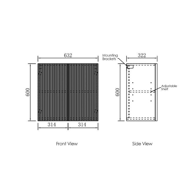 Technical Drawing 632mm Fluted Wall Cabinet  For Otti Marlo 1715mm Fluted Laundry Set C - Black - The Blue Space