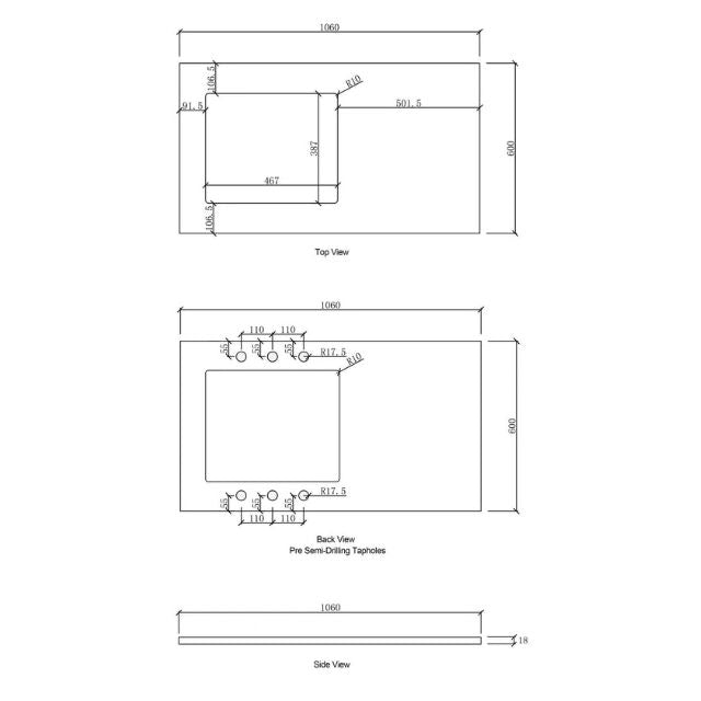 Technical Drawing Benchtop / Stone Top  For Otti Marlo 1715mm Fluted Laundry Set C - Black - The Blue Space