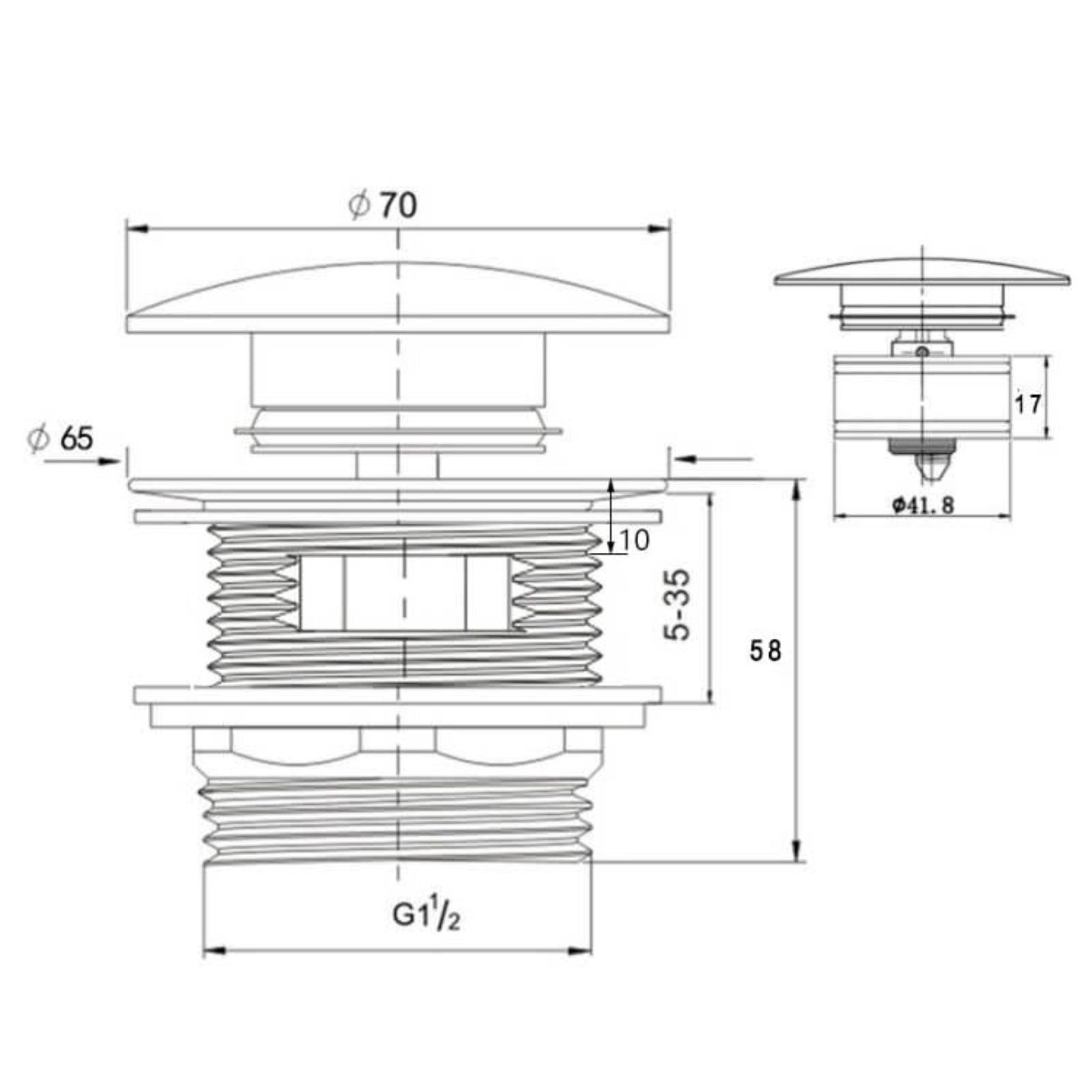 Technical Drawing Turner Hastings 40mm Safety Pull-Out Pop-Up Bath Waste with Short Tail with Overflow - Brushed Brass BA409PA-OF-BB - The Blue Space