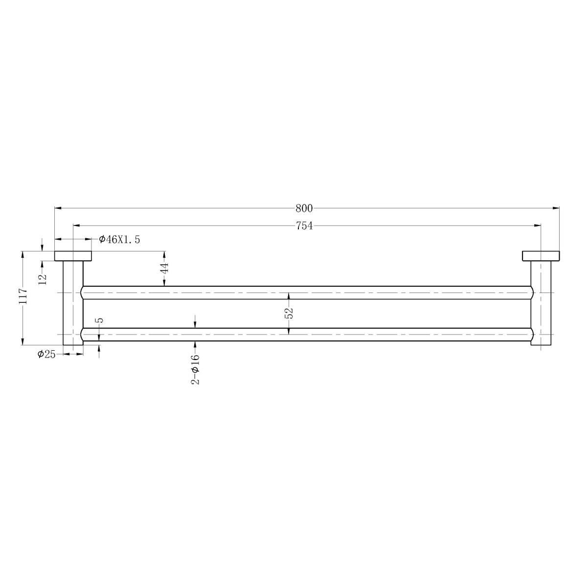 Technical Drawing: Nero Mecca Double Towel Rail 800mm Matte Black