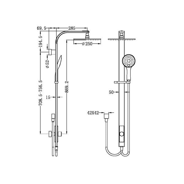 Technical Drawing: Nero Rain Round Shower Set Double Hose Chrome