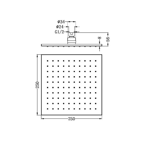 Technical Drawing: Nero Square Shower Head 250mm Matte Black