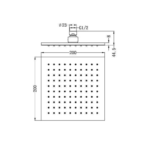 Technical Drawing: Nero 200mm Square Shower Head Chrome