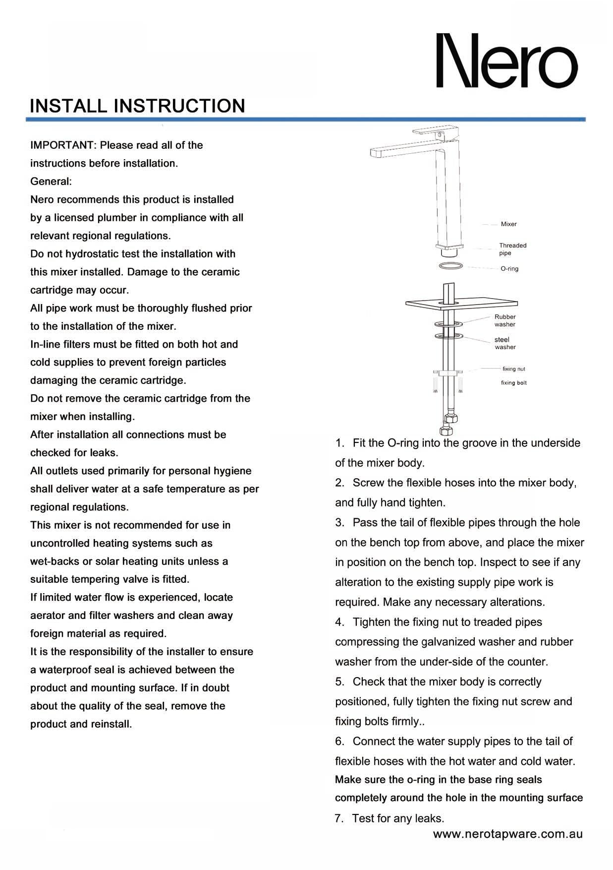 Install Instructions: Nero Celia Tall Basin Mixer - Matte Black