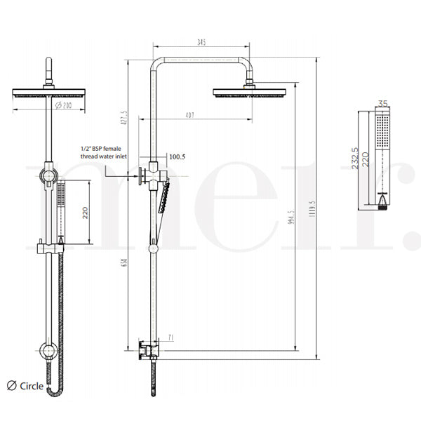 Meir Round Combination Shower Rail 200mm Rose & Hand Shower - Chrome