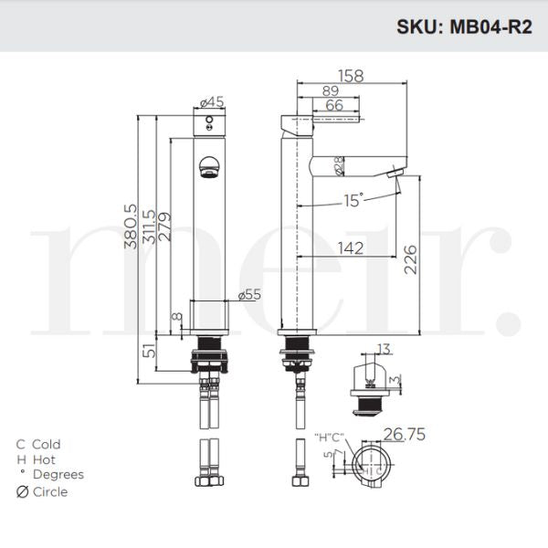 Meir Round Tall Basin Mixer Technical Drawing - The Blue Space
